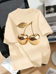 少女休闲印花圆领短袖T恤，夏季上衣 - 杏色 - 查看 4