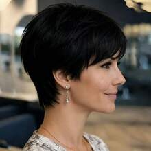 Short Straight Wigs Human Hair With Bangs | Natural Color, 150% Density, Non Lace, Rose Net Cap, 100% Real Human Hair For Daily Wear & Party Use - Natural Black - View 2