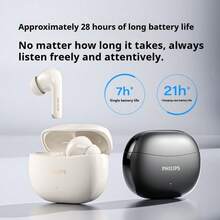Tai nghe Bluetooth 6.0 Philips TAT1320, thời gian chơi nhạc 28 giờ, trình điều khiển độ trung thực cao 10mm, micro AI, tai nghe không dây dạng bán nhét tai dành cho nghe nhạc và gọi điện - Màu đen/trắng - Xem 2