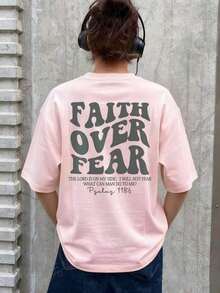 1pcs Plus Size Women's Oversized 100% Cotton T-Shirt, Printed With "FAITH OVER FEAR" And Bible Verse Designs On The Back, Suitable For Church Services, Religious Activities, And Daily Commuting, Showcasing The Power Of A Strong Faith - Hồng - Xem 10