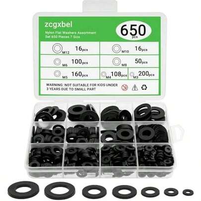 650-Pieces Nylon Flat Washer For Screws Bolts, 7 Sizes Black Plastic Washers Assortment Kit (M3-M12), Assorted Screw Washers Washer Set For Household & Commercial