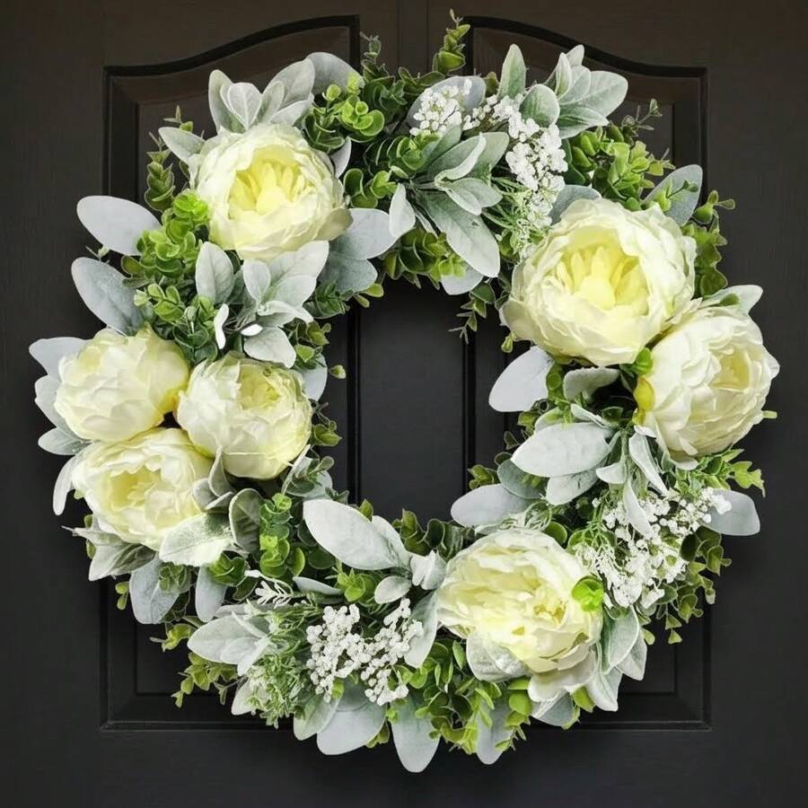 Artificial Spring Wreaths For Front Door 18 Inch Peony Wreath Summer Wreath With Peony Flower For Front Door Indoor Outdoor Wedding Home Wall Window Festival Decoration - B - 查看 1