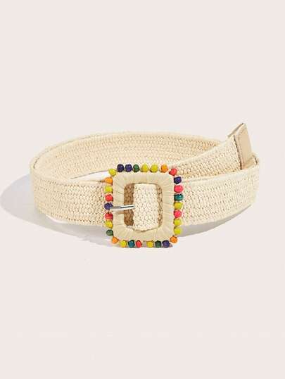 1pc Beige Women's Woven Elastic Waist Belt, Casual Summer Vacation Street Y2K Style Beaded Decor Belt, Suitable For Shirts, Skirts, Pants, Jackets, Vests, Dresses, Suitable For Daily Life, Street, Beach, Vacation, Music Festival, Party, Birthday