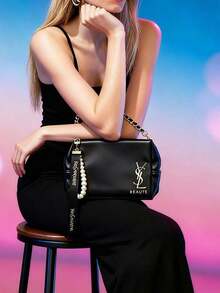 Yves Saint Laurent 女士珍珠吊坠单肩包，黑色链条单肩包，方形包 - 黑色 - 查看 4