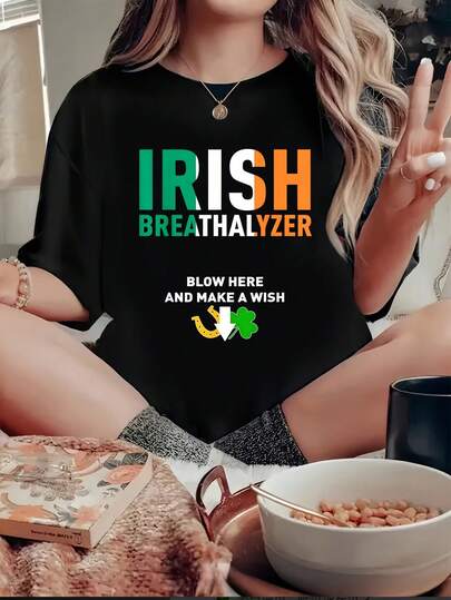 Irish Breathalyzer St Patricks Day Drinks Women's Plus Size T-Shirt 1 Pcs 220g Funny Oversized Graphic Short Sleeve Tee Novelty Shirt Casual Crew Neck Top 100% Polyester