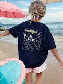 1 pieza Camiseta de manga corta de cuello redondo con estampado de letras y peces, ropa de verano casual para estudiantes jóvenes - Azul Marino - Ver 1