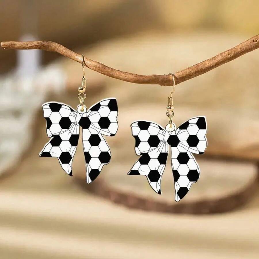 Sports Inspired Football Themed Bow Acrylic Earrings Women Fashion  Accessories Creative Design Earring For Girls Gift - C - 查看 1