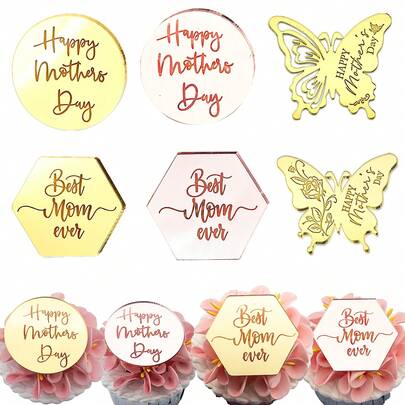 10 pièces Joyeuse Fête des Mères Cercle Hexagone Conception de Papillon Décoration Acrylique Douce de Dessert Toppers de Cupcake Décoration de Gâteau