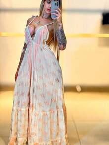 Elegant White Long Dress For Women In  Printed Silk - 白色與粉紅色 - 查看 1