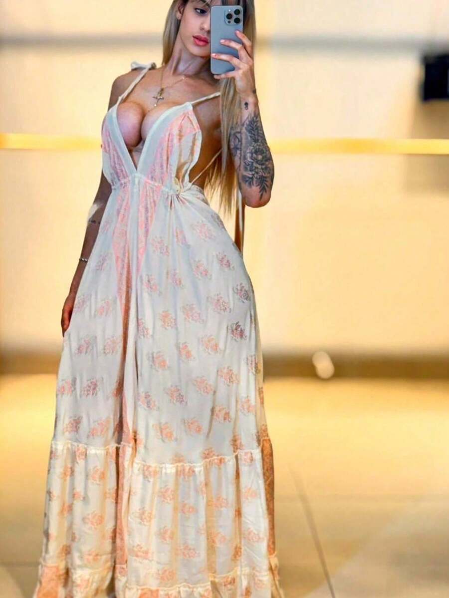 Elegant White Long Dress For Women In Printed Silk - 白色與粉紅色 - 查看 1