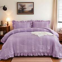 Beige Textured Comforter Set King,3 Pieces Ruffle Farmhouse Shabby Chic Comforter For Queen Bed,Soft Seersucker Boho Bedding Set With 1 Ruffle Comforter,2 Tufted Pillowcases 104"*90" For All Seaaons Home Decor Bedroom Decor Bed Comforter Set Mothers Day Gift. - Beige-0958 - 查看 9