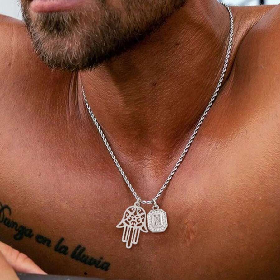 1pc Fashion Silverly Block Initial Hamsa Hand Pendants Stainless Steel Twist Chain Necklaces For Men - Silver - View 1