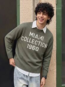 Open Phase 男士休闲宽松套头毛衣，饰有美式英语图案，圆领，长袖，适合春、秋、冬三季穿着，可日常搭配，是送给男友/老公的理想礼物。 - 綠色 - 查看 1