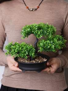 1pc Artificial Potted Plant Tree, Light Green Leaves With Black Planter, Approx. 20cm Tall, Artificial Green Plant, Suitable For Home And Office Decor | Ideal For Bookshelf, Desk, Bathroom | Rustic Style, Holiday Decor, Valentine's Day, Spring/Summer Decoration, Home Accessory - Green -b - View 9