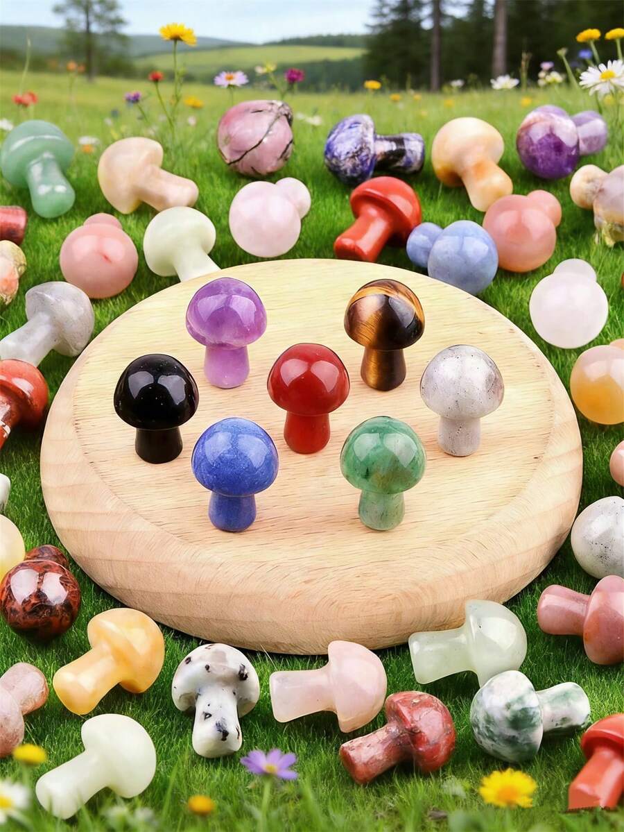 5/10/20/30/50/100pcs Artificial Crystal Mini Mushroom Beads, Spiritual Energy Faux Gemstone Carved Handmade Craft, Mixed Material Home Decor - Multicolor - View 1
