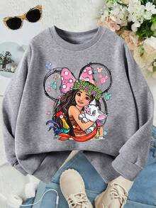 This Disney Girls' Sweatshirt Features A Creative Double-Sided Print Of The Moana Princess Lettering And Cartoon. It's A Round Neck Sweatshirt Perfect For Autumn And Winter, Made Of Soft And Comfortable Fabric, Suitable For Everyday Wear, Shopping, School, And Casual Occasions. It Also Makes A Wonderful Gift. - Grey - View 2
