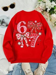 This Disney Girls' Sweatshirt Features A Creative Double-Sided Print Of The Number "67" From Ariel, The Princess Of Disney. It's A Round Neck Sweatshirt Perfect For Autumn And Winter, Made Of Soft And Comfortable Fabric, Suitable For Everyday Wear, Shopping, School, And Casual Occasions. It Also Makes A Wonderful Gift. - Red - View 3