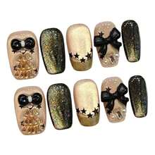 10片装星形蝴蝶黑金3D蝴蝶结美甲贴片，时尚女士派对节日佩戴，手工制作。 - 金色 - 查看 7