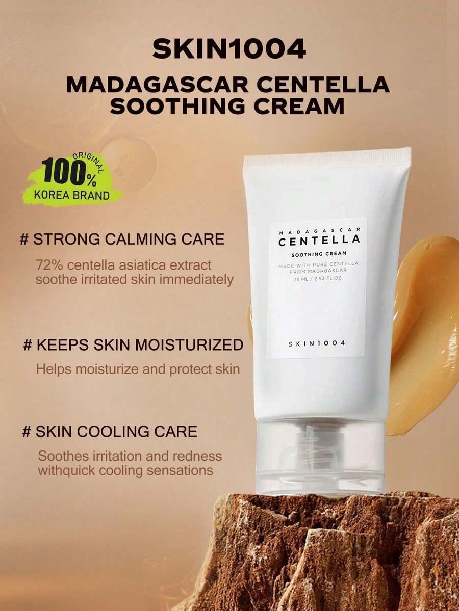 SKIN1004 75毫升马达加斯加积雪草舒缓霜，清凉融化，轻盈慕斯质地，保湿防护，24小时长效保湿，舒缓复合物，不致粉刺，旅行装，材质，适合季节交替、术后肌肤、妆前乳、夜间修护，韩国化妆品，75毫升/2.85液盎司