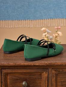 女士时尚方头低帮绿色鞋，休闲办公百搭鞋，户外休闲高端优雅平底玛丽珍芭蕾舞鞋，夏季 - 綠色 - 查看 5