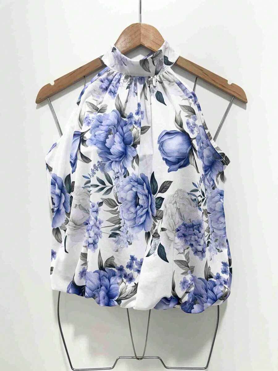 Stylish Women's Floral High Neck Blouse - Baby Blue - View 1