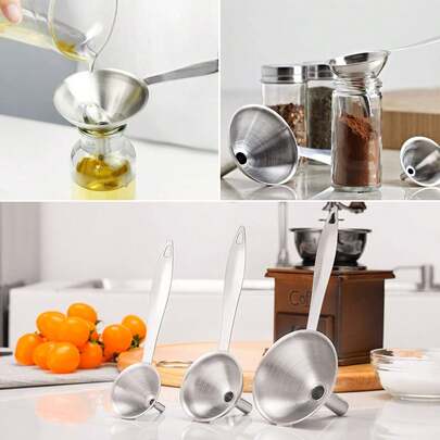 Stainless Steel Funnel Set, Portable Small Mouth Oil/Sauce/Vinegar Dispenser, Multi-Functional Kitchen Tool, Long Handle Design, Hanging Ring For Easy Storage, Easy To Clean, Suitable For Pouring Oil, Alcohol, Juice And Liquid Dispensing