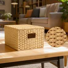 Natural Paper Rope Storage Baskets Set With Lids Woven Hamper & Organiser Box For Home Office Shelves Rustic Decorative Storage Baskets Portable Storage Baskets With Handles - Wood Color - View 6