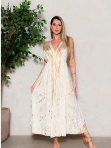 Elegant White Long Dress For Women In  Printed Silk - 白色和金色 - 查看 1