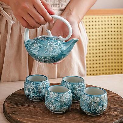 1/4/5pcs Ceramic Tea Cup & Teapot Set, Chrysanthemum Pattern Tea Set, Christmas Gift, High-End Luxury Household Tea Cup, Arabic Coffee Cup, For Entertaining Guests And Friends, Afternoon Tea Cup, Suitable For Cafes To Hold Cappuccino, Latte, Mocha, Herbal Tea, Black Tea, Hot Tea, Home Decor For Ramadan, Tea Room, Wedding Gift, Gift For Elders, Easter Gift