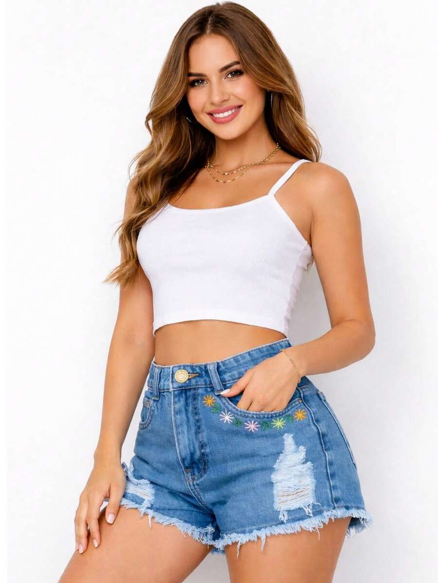 Casual Party Denim Shorts With Zipper, Button Closure, Floral Pockets, And Summer Vacation Print. - Xanh đậm - Xem 1