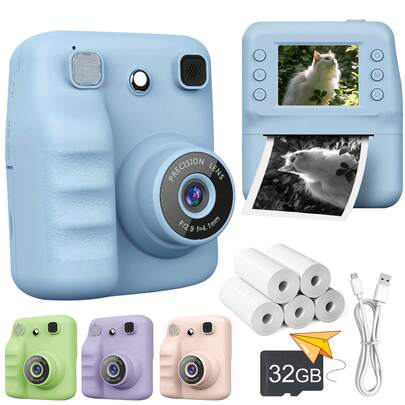 儿童相机，儿童即时打印相机，可打印照片，即时数码相机，适合儿童使用，充满自拍乐趣，1080P高清视频录制，捕捉精彩瞬间，内置MP3播放器和益智游戏，儿童礼物，适合3-12岁男孩女孩，圣诞节、生日、开学礼物