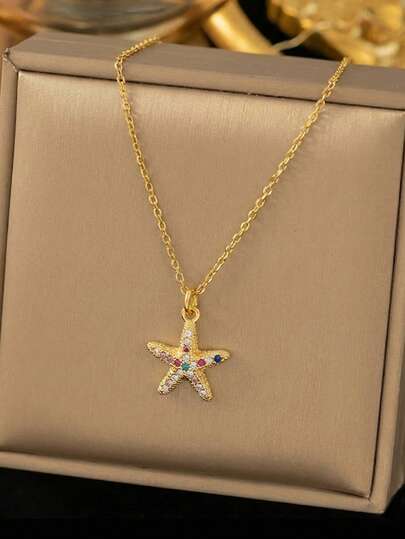 Bohemian Multicolor Starfish Charm Necklace, Sparkling CZ Sea Star Clavicle Chain, Ocean Theme Holiday Accessory