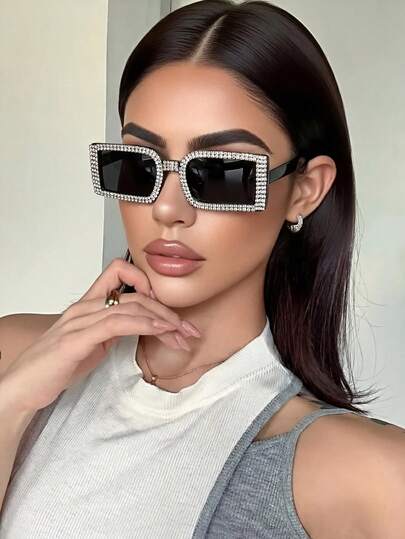 Y2K Style Rectangular Black Fashion Fashion Glasses For Women, Rhinestone Embellished Glasses For Party, Personalized Street Style