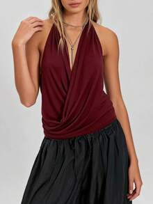 Women's Halter Open Back Draped Cowl Neck Tops Sleeveless Going Out Y2k Party Tank Top Clubwear - Màu Đỏ Sâu - Xem 2