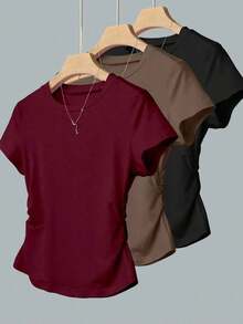 A Simple Solid-Color Short-Sleeved T-Shirt Set For Women, Suitable For Daily Wear And Easy To Match With Various Outfits. Includes 1 Piece - Nhiều màu 11 - Xem 1