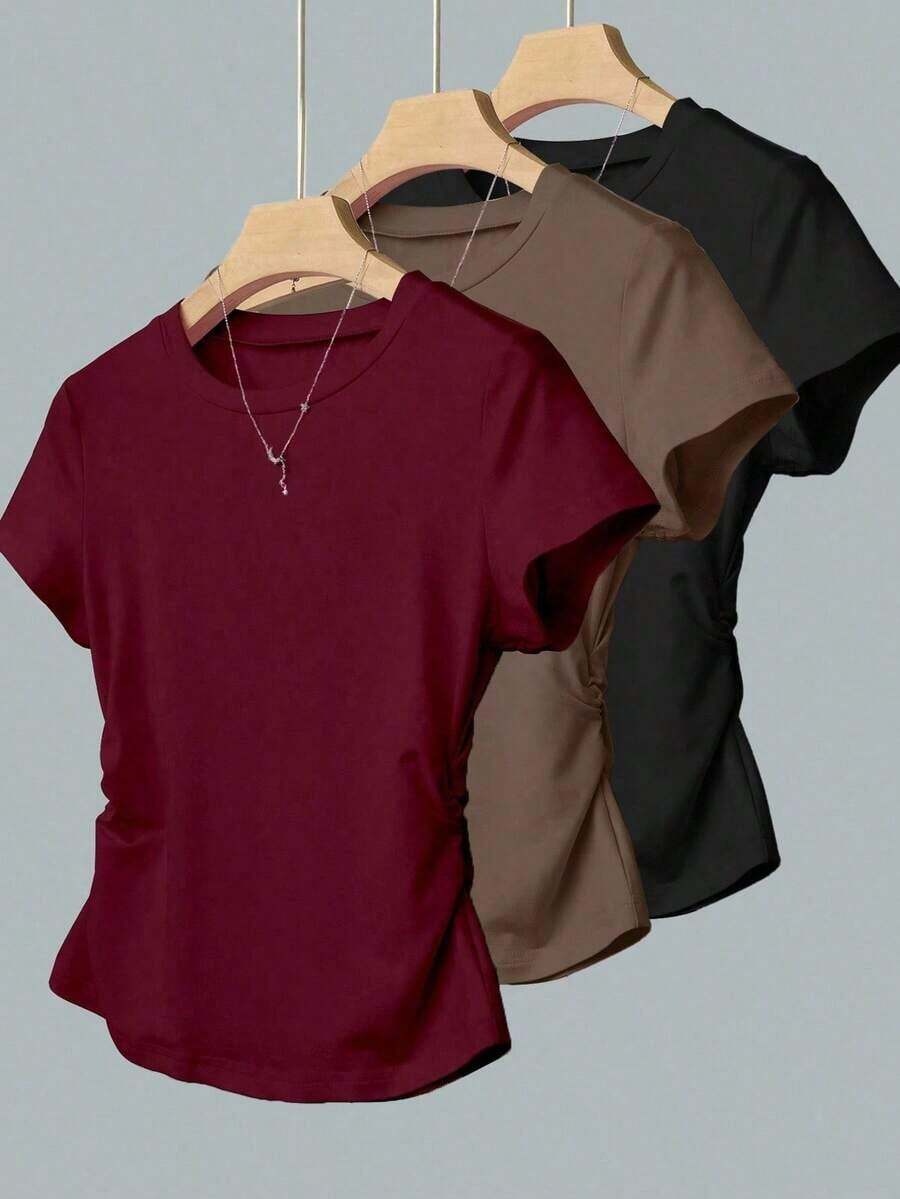 A Simple Solid-Color Short-Sleeved T-Shirt Set For Women, Suitable For Daily Wear And Easy To Match With Various Outfits. Includes 1 Piece - Nhiều màu 11 - Xem 1