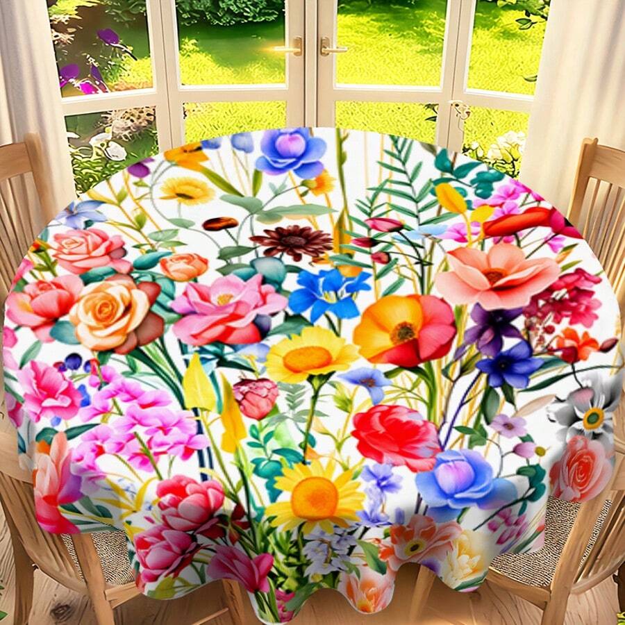 1件春季彩色花卉圆形桌布，适用于日常客厅、餐厅、节日派对、户外婚礼 - 可机洗，100% 涤纶防尘罩 - 彩色 - 查看 1