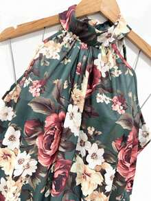 Stylish Women's Floral High Neck Blouse - 墨綠色 - 查看 2