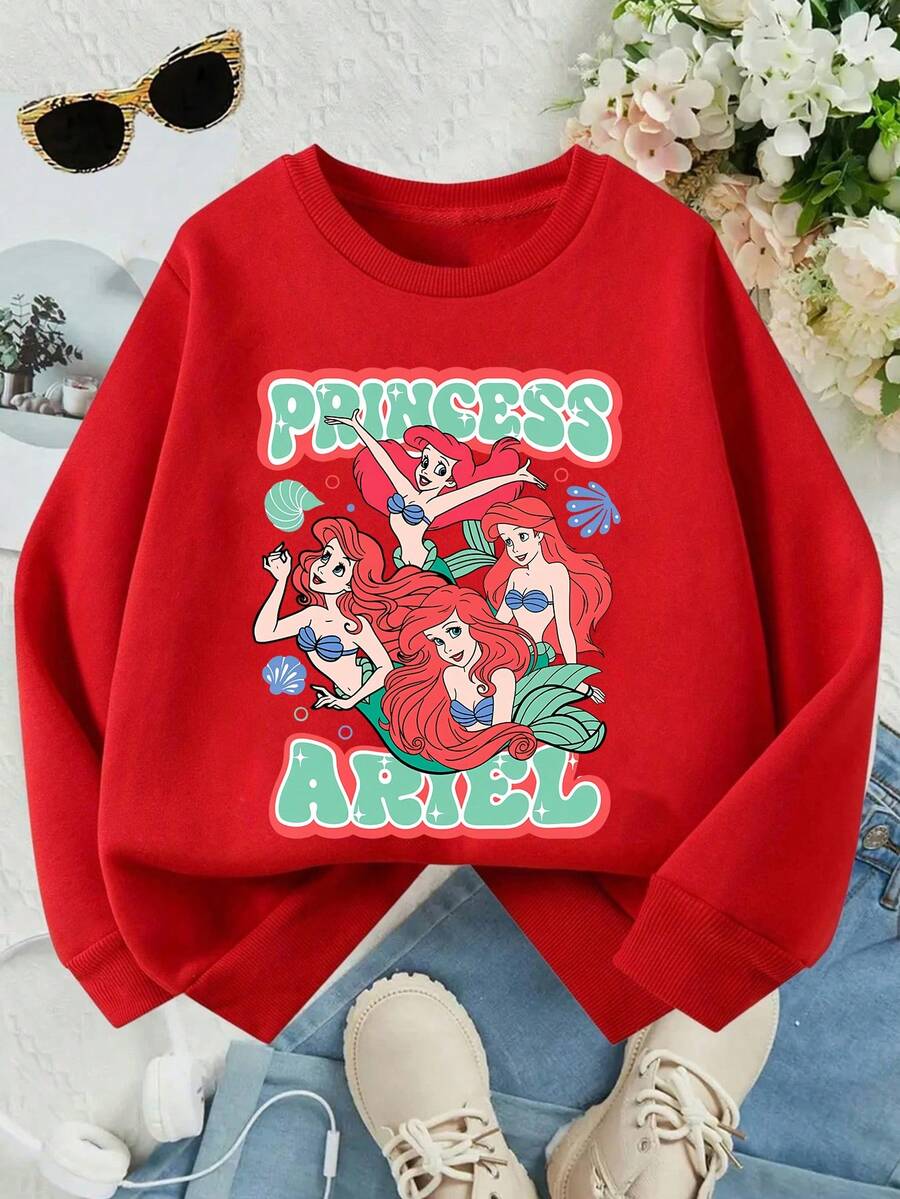 This Disney Girls' Sweatshirt Features A Creative Ariel Princess Letter And Cartoon Print. It's A Round Neck Sweatshirt Perfect For Autumn And Winter, Made Of Soft And Comfortable Fabric, Suitable For Everyday Wear, Shopping, School, And Casual Occasions. It Also Makes A Wonderful Gift. - Đỏ - Xem 1