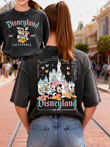 This Disney Women's T-Shirt Features A Creative Double-Sided Print Of Mickey Mouse And His Friends' Lettering And Cartoon Designs. It's A Spring/Summer Style Crew Neck Retro Washed Cotton T-Shirt, Made Of Soft And Comfortable Pure Cotton Fabric, Suitable For Everyday Wear, Shopping, Travel, And Casual Occasions. It Also Makes A Wonderful Gift. - Black - View 1