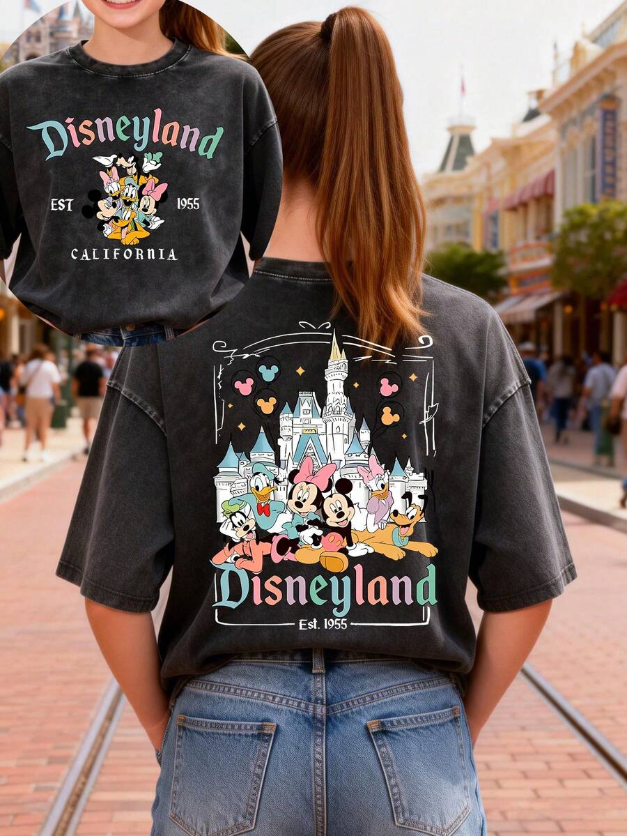 This Disney Women's T-Shirt Features A Creative Double-Sided Print Of Mickey Mouse And His Friends' Lettering And Cartoon Designs. It's A Spring/Summer Style Crew Neck Retro Washed Cotton T-Shirt, Made Of Soft And Comfortable Pure Cotton Fabric, Suitable For Everyday Wear, Shopping, Travel, And Casual Occasions. It Also Makes A Wonderful Gift. - Black - View 1