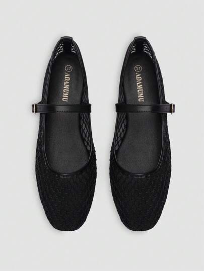 ADAMUMU Women's Black Mesh Breathable Fashion Ballet Mary Jane Flat Shoes, Minimalist Elegant Style, One-Strap Metal Buckle, Mesh Woven Breathable Texture, Comfortable Flat, Women's Casual Commute Minimalist Style Shoes