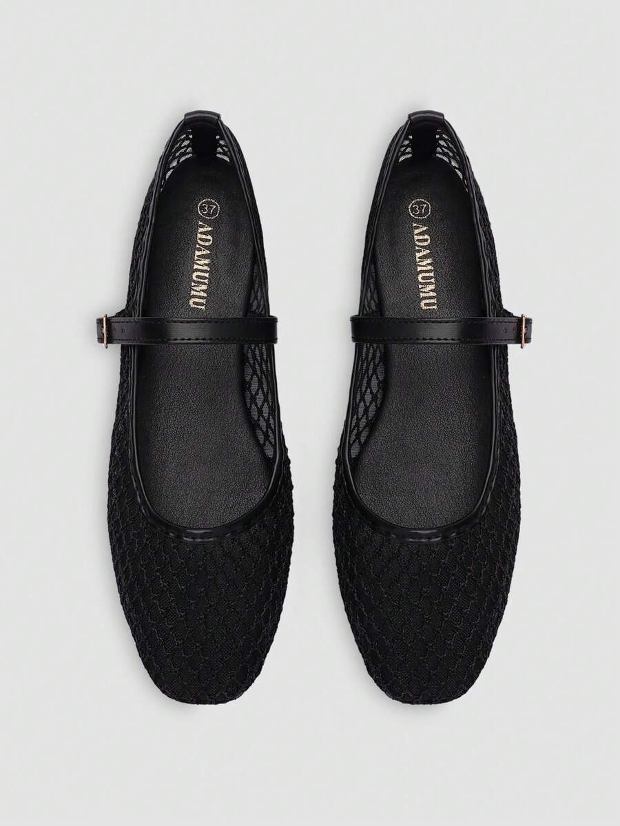 ADAMUMU 女士黑色网面透气时尚芭蕾玛丽珍平底鞋，简约优雅风格，金属搭扣，网面编织透气材质，舒适平底，女士休闲通勤简约风格鞋款 - 黑色 - 查看 1