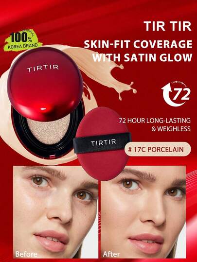 TIRTIR MASK FIT 17C Porcelain White Cushion Foundation, Lightweight Coverage, Matte Finish, Breathable, Hydrating Micro-Crystal Veil, Transfer-Resistant, Oil-Free Acne-Care Formula, Hydrating Magnetic Core, Vacuum-Sealed Travel Mini, Korean Makeup, 18g/0.63oz