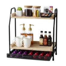 Coffee Station Organiser With Coffee Pod Drawer, 2-Tier Wooden Kitchen Countertop Shelf, Coffee & Tea Bar With Capsule Holder - Black - View 3