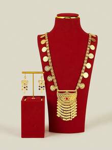 Conjunto de joyas de lujo retro con mucho brillo, inspirado en Dubái, minimalista, dulce, exagerado, de cobre con baño de oro, de alta gama, adecuado para salidas, ocio, fiestas, citas diarias, Navidad y otras vacaciones. Incluye un collar largo con mucho brillo con baño de oro y pendientes con flecos en capas como regalo para mujeres, novias, padres, etc. - XXLEH-108 - Ver 5