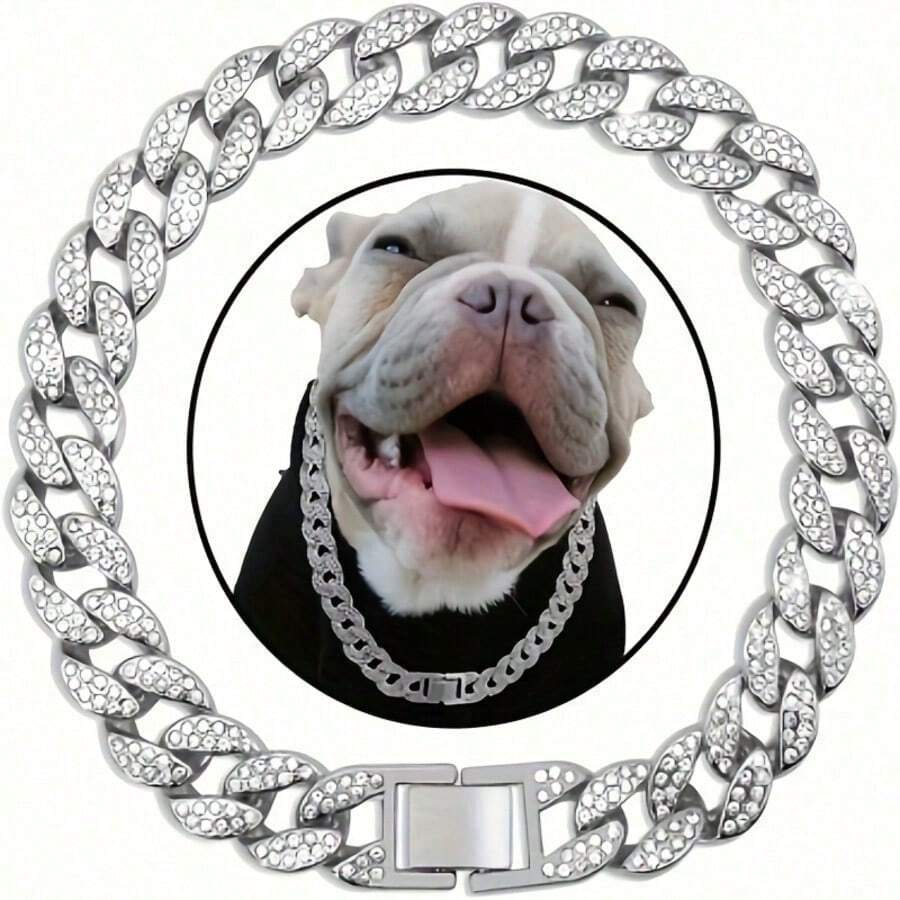 15mm Luxury Pet Necklace, Adjustable Hip Hop Dog Collar With Rhinestone Inlaid Cuban Chain, Sturdy And Suitable For All Body Types - Multicolor - View 1