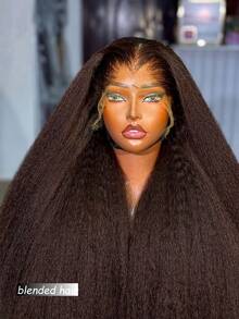 32inch Kinky Straight Human Blended Hair Wig 13x4 Transparent Lace Closure Kinky Straight Wigs 180% Density Human Blended Hair Wigs Glueless Pre Cut Lace Natural Black - Natural & Black - View 4