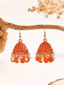 1 Pair Bohemian Style Painted Effect Jhumka Earrings With Round Beads And Tassel, Cute & Versatile Jhumki Earrings Suitable For Women & Girls, Daily Wear, Festivals, Weddings And Parties/Jewelry Gift - Jhumka - View 6