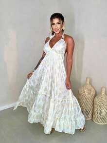 Elegant White Women's Long Silk  Print Dress - White - View 1